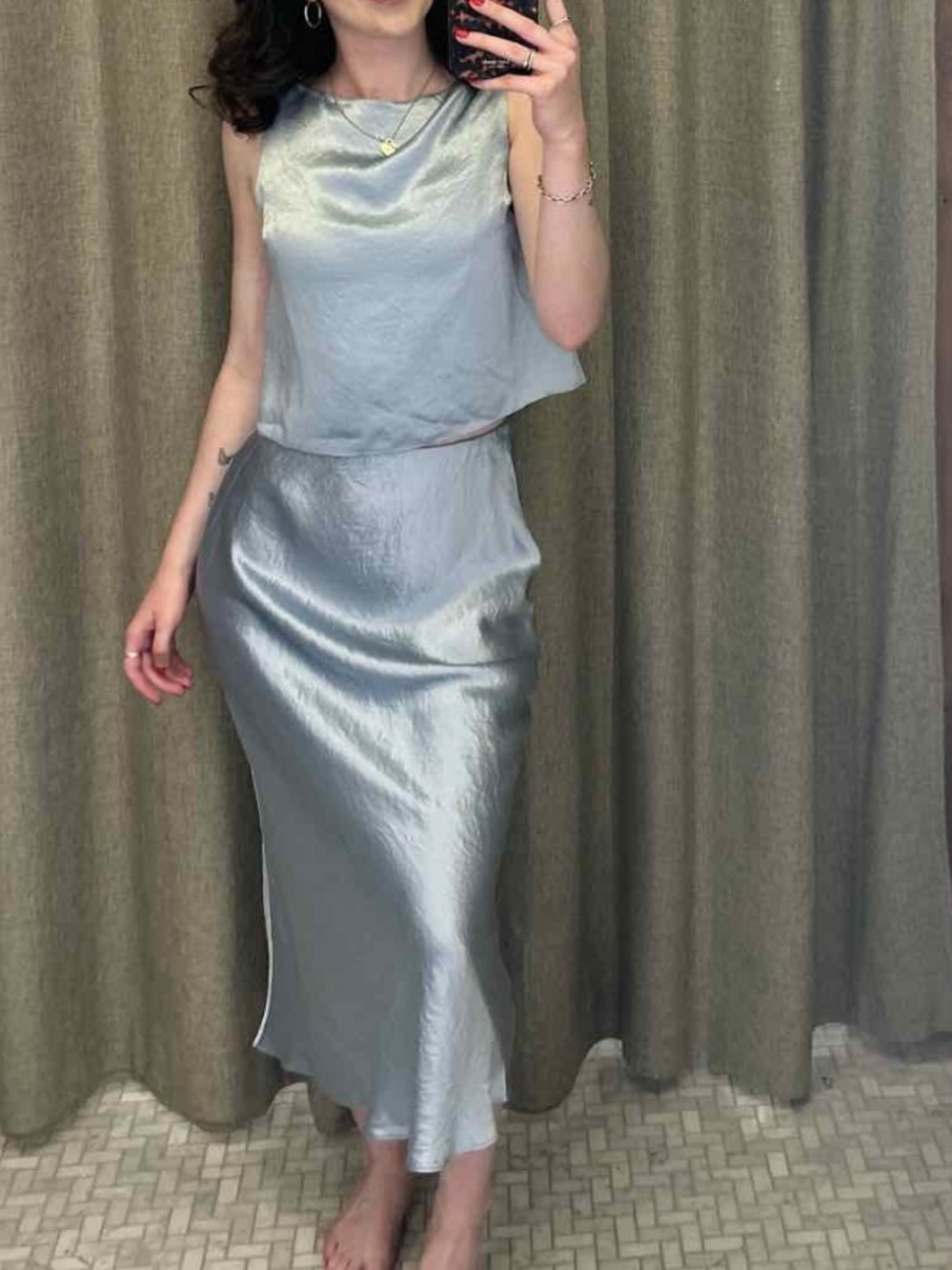Babaton Silver Satin Bias Midi top and skirt set